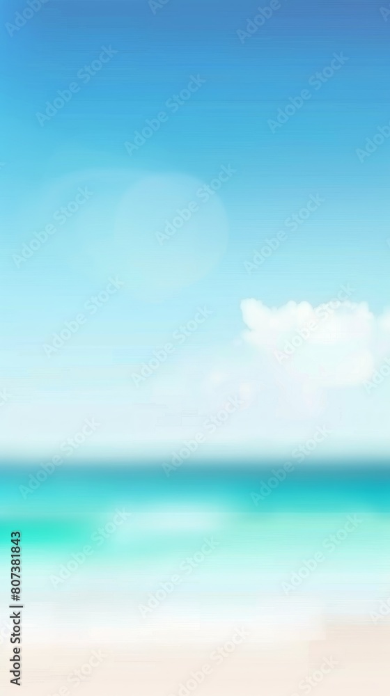 Obraz premium Tranquil beach with turquoise waves and clouds. Calm seashore with blue sky and clear waters. Concept of nature, relaxation, tropics, vacation. Copy space. Mockup for design. Vertical