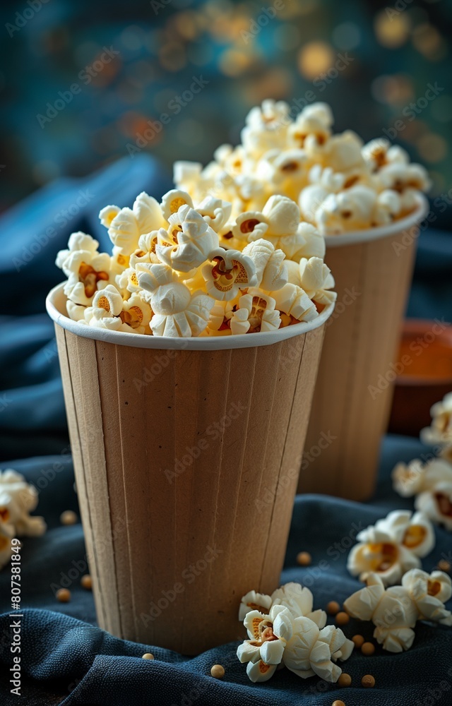 Two cups of popcorn on blue backdrop, offering ample space for your messages Two cups of popcorn on blue backdrop, offering ample space for your messages