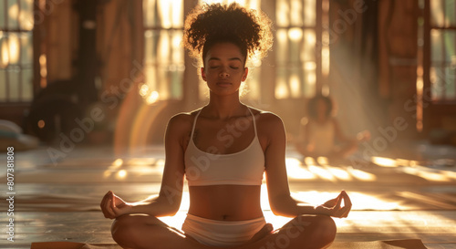 meditation and breathwork, engage in deep breathing exercises in a peaceful yoga studio, feel each breath to enhance mindfulness and achieve inner peace, fostering calmness and serenity