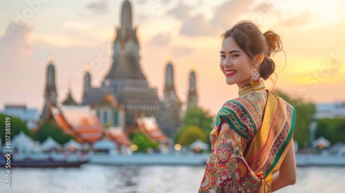 Thai woman in vibrant traditional dress at a temple. Smiling lady in cultural attire. Welcome to Thailand banner. Copy space. Concept of Thailand culture, traditional clothing, tourism