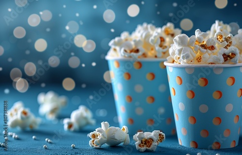 Two cups of popcorn on blue backdrop, offering ample space for your messages