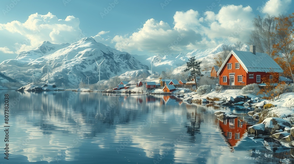 Fototapeta premium Winter landscape of an ecologically clean village in the mountains near a lake, a farm of air windmills