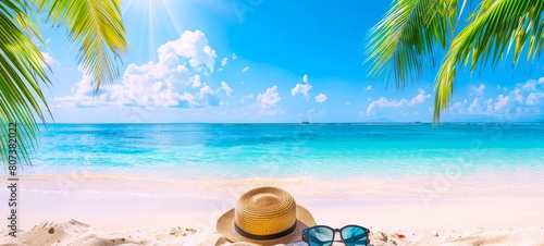 Serene beach landscape featuring a hat and sunglasses, set against blue ocean and palm trees. Essentials for a beach day. Concept of vacation, serenity, summer getaway. Banner. Space for text