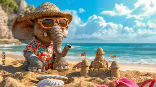 an elephant dressed in a Hawaiian shirt, beach shorts, hat, sunglasses is building a sand castle on the beach on a clear sunny day © Tatiana