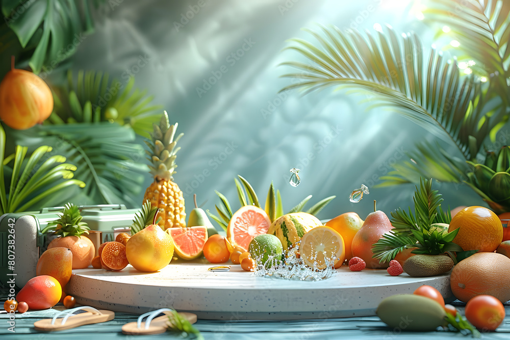 Empty stylish beach podium 3D mockup background for beauty product presentation concept. Summer copy space platform surrounded by palm leaves . Cosmetics, perfume or home goods sales advertising stand Empty stylish beach podium 3D mockup background for beauty product presentation concept. Summer copy space platform surrounded by palm leaves . Cosmetics, perfume or home goods sales advertising stand
