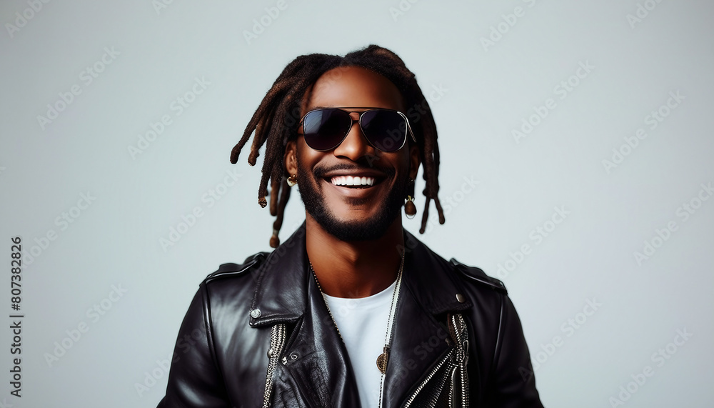 portrait of a African American man with sweet smile, dreadlocks, leather jacket, sunglasses, isolated white background
portrait of a African American man with sweet smile, dreadlocks, leather jacket, sunglasses, isolated white background