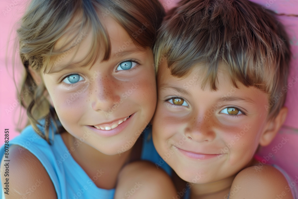 Faces of two kids, a boy and a girl Faces of two kids, a boy and a girl