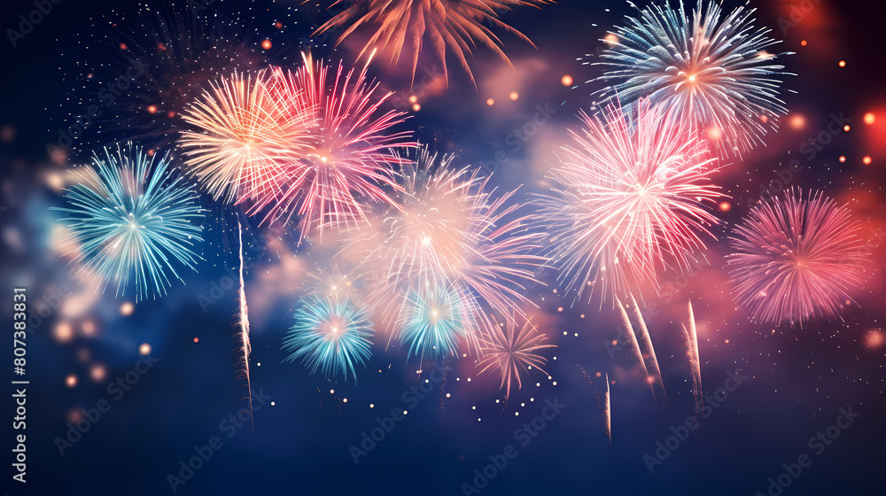 Fototapeta premium Colorful fireworks light up the night sky over the skyline