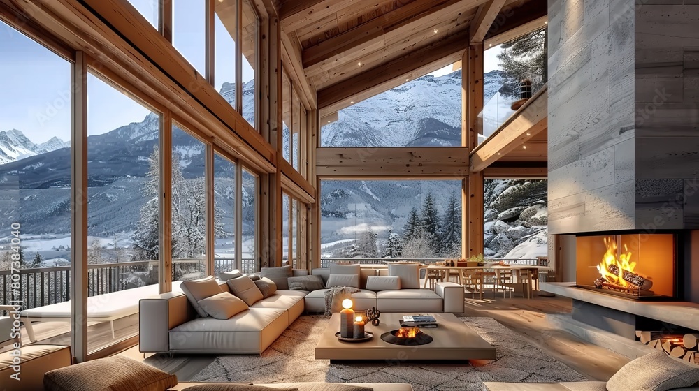 Luxury wooden chalet with fireplace. The interior design of a modern living room with a mountain view. 