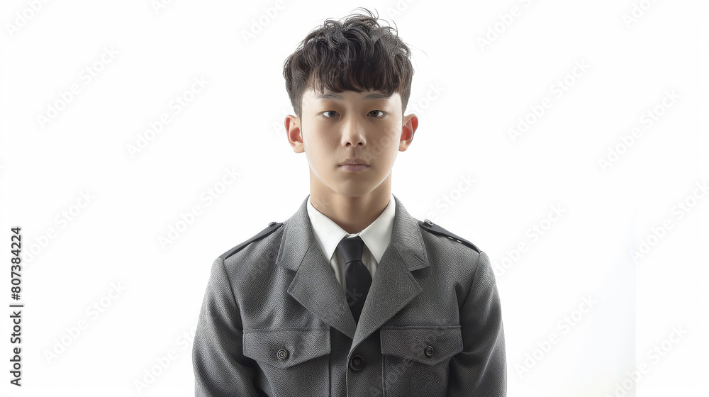 Young Asian man in formal military uniform standing against white background Young Asian man in formal military uniform standing against white background