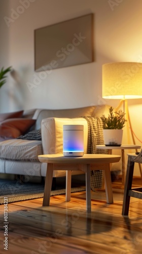 Cozy living room with modern smart light on wooden coffee table