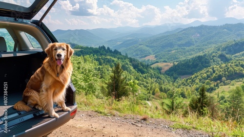 Golden retriever resting in car trunk with scenic Mountain View