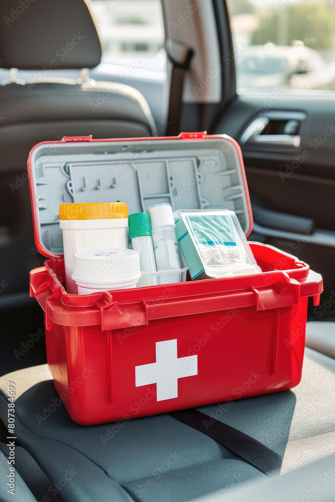 First aid kit in the trunk of the car. Plastic box with medicines in the passenger compartment. First aid kit in the trunk of the car. Plastic box with medicines in the passenger compartment.