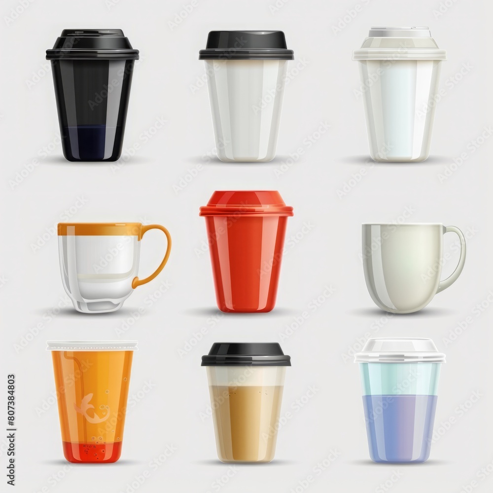 A collection of coffee cups with matching lids neatly arranged on a table. A collection of coffee cups with matching lids neatly arranged on a table.