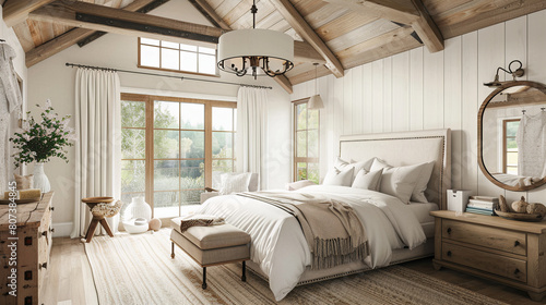 Lit rustique en bois avec oreillers bleus et deux tables de chevet contre un mur blanc Design d'intérieur d'une chambre moderne