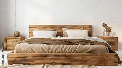 Lit rustique en bois avec oreillers bleus et deux tables de chevet contre un mur blanc Design d'intérieur d'une chambre moderne