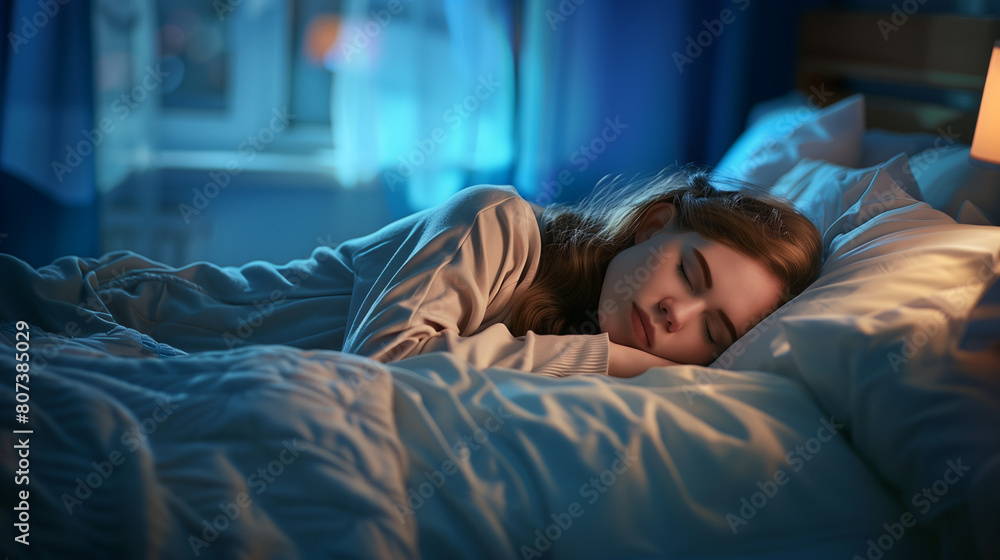 Sleeping time. a woman sleeps peacefully, nestled in soft bedding, serenity sleep at home Sleeping time. a woman sleeps peacefully, nestled in soft bedding, serenity sleep at home