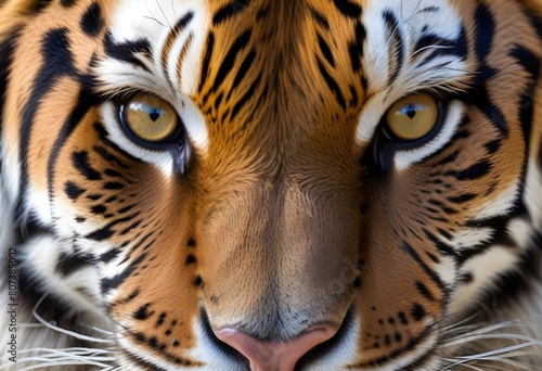 Close-up of a tiger s face  with intense eyes and distinctive striped fur pattern