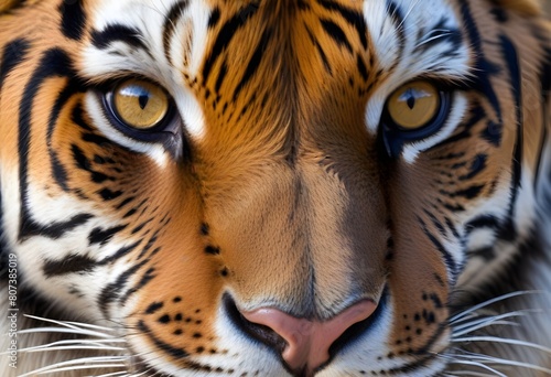 Close-up of a tiger s face  with intense eyes and distinctive striped fur pattern