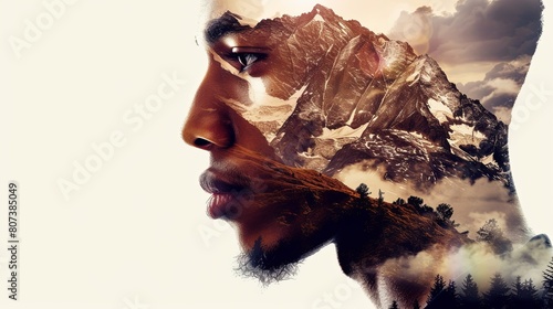 Double exposure combines a woman's face, high mountains and forest. Panoramic view. The concept of the unity of nature and man. Dream, reminisce or plan a climb. Memory of a mountaineer. Illustration. © Login
