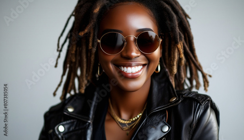 Portrait of a African American woman with sweet smile, dreadlocks, leather jacket, sunglasses, isolated white background 