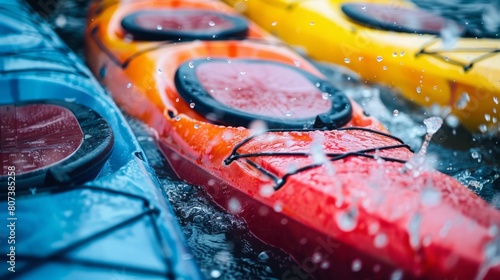 A line of colorful kayaks resting on the calm surface of a body of water.