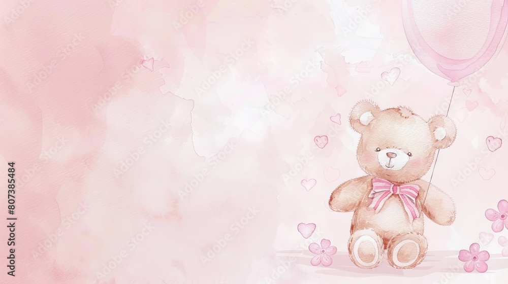 A cute little bear holding a balloon in his paw. Picture in watercolor style. Illustration for cover, card, postcard, interior design, decor or print. A cute little bear holding a balloon in his paw. Picture in watercolor style. Illustration for cover, card, postcard, interior design, decor or print.