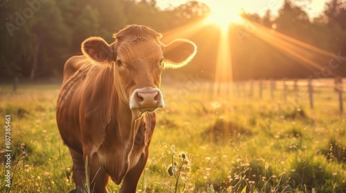 red cow in a meadow at dawn with the sun in the background in high resolution and high quality. CONCEPT ANIMALS,farm,meadow,flowers,sunrise