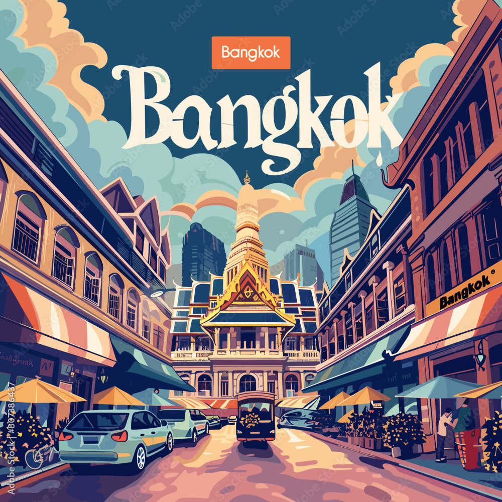 Obraz premium A colorful painting of a city street in Bangkok. The street is filled with cars, a few of which are parked in front of a building. There are also a few people walking around