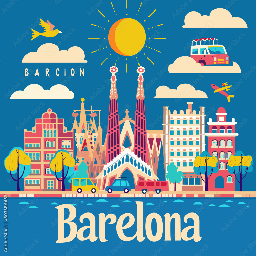 A colorful cityscape of Barcelona with a sun shining on it. The city is full of cars and buses, and there are birds flying in the sky A colorful cityscape of Barcelona with a sun shining on it. The city is full of cars and buses, and there are birds flying in the sky