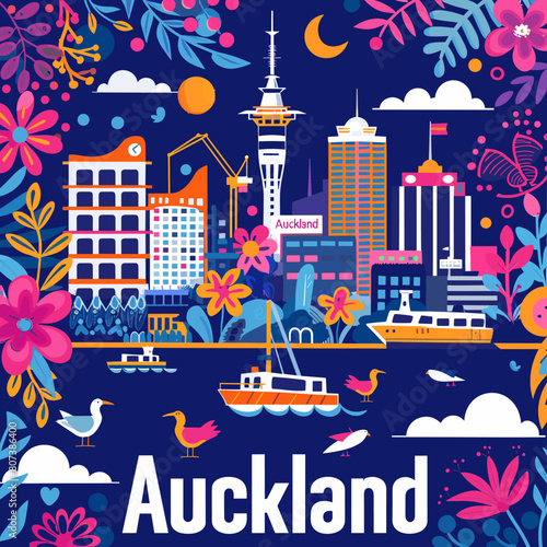 A colorful cityscape of Auckland with boats and birds. The city is full of life and energy