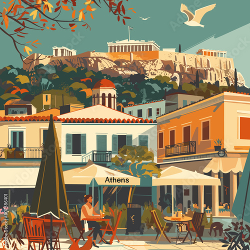 Athens is the name of the city in the painting. The painting shows a city with many buildings and people. There are several umbrellas and chairs in the painting, and a bird is flying in the sky