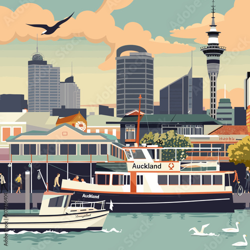 A painting of a city with a boat that says Auckland on it. The painting has a mood of calmness and serenity photo