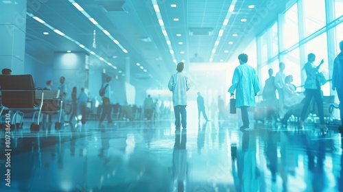 Hazy background of a bustling hospital lobby with doctors and nurses in sharp focus representing the growing demand for efficient and patientcentered care in NextGeneration healthcare photo
