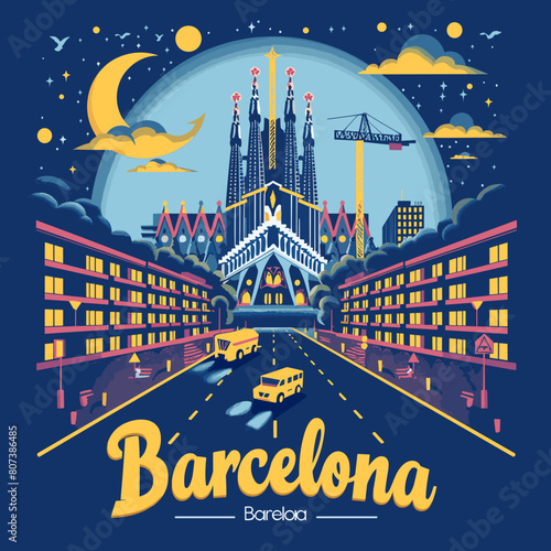 A colorful poster of Barcelona with a blue sky and a moon. The poster is a drawing of the city with a church in the center