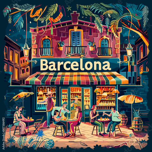 A colorful painting of a barcelona street scene with people sitting at tables and enjoying drinks. The mood of the painting is lively and inviting