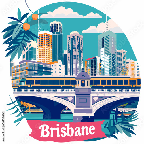 A cityscape of Brisbane with a train crossing a bridge. The city is full of tall buildings and a bridge is visible in the middle of the city