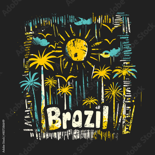A colorful drawing of a sun and palm trees with the word Brazil written in white. The drawing has a tropical vibe and is meant to evoke feelings of relaxation and vacation