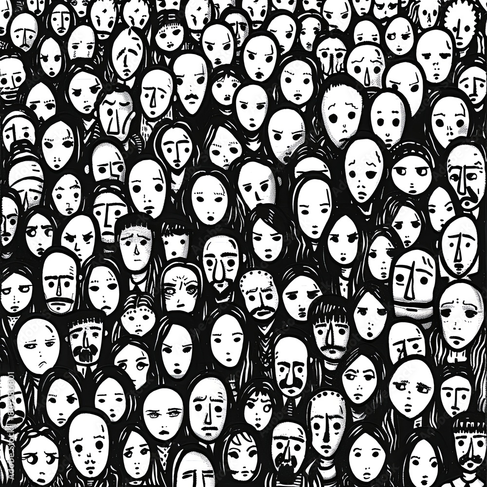 The black and white drawing shows a crowd of people and we see many of their faces. The concept of public events, gatherings of civilians. All people are gray and stand densely in the space. The black and white drawing shows a crowd of people and we see many of their faces. The concept of public events, gatherings of civilians. All people are gray and stand densely in the space.