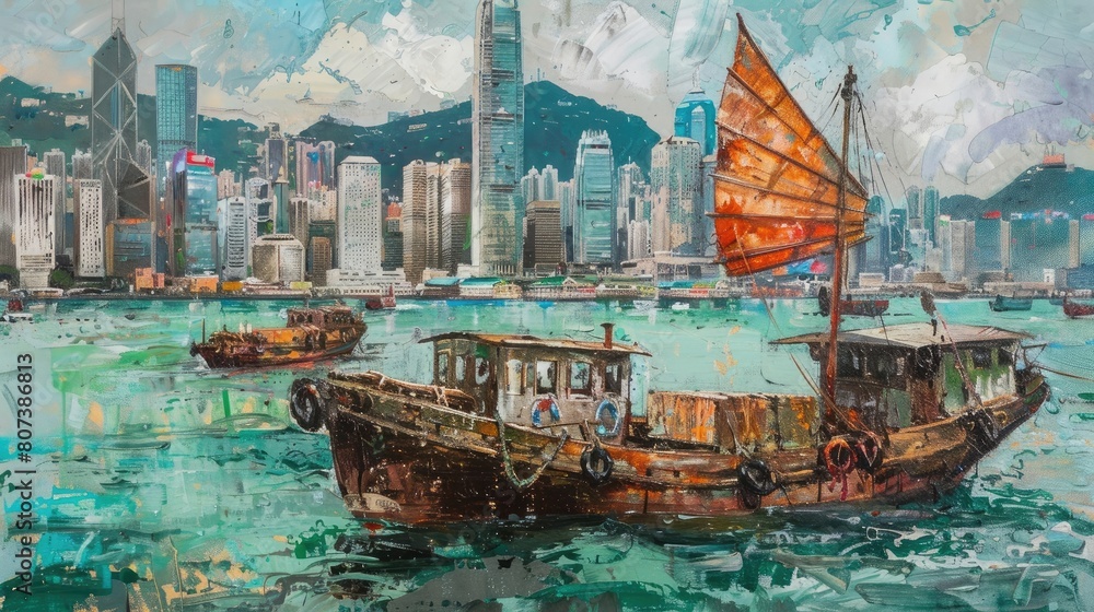 Hong Kong harbour with junk boat