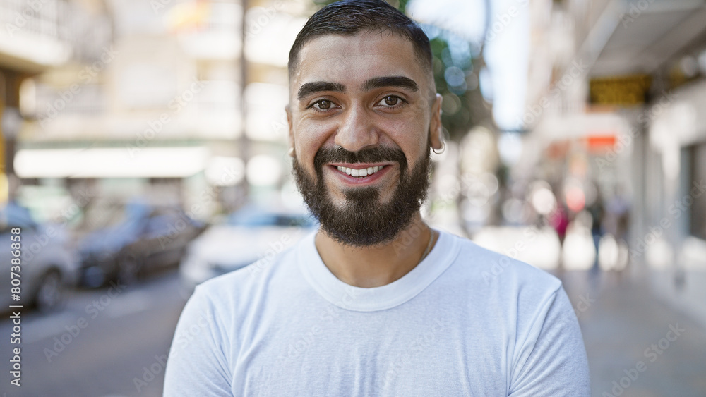 A cheerful young man with a beard smiles on a sunny city street, portraying urban lifestyle and positivity. A cheerful young man with a beard smiles on a sunny city street, portraying urban lifestyle and positivity.