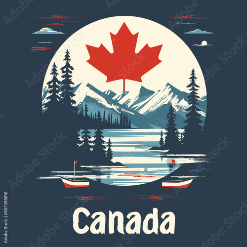 A painting of a Canadian landscape with a red maple leaf on top. Canada is written in white letters
