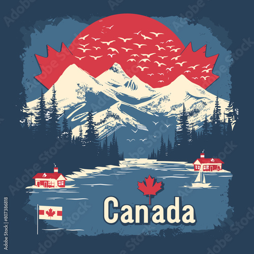 A blue and red poster of Canada with mountains and a red sun. The poster has a blue and white flag of Canada in the bottom left corner