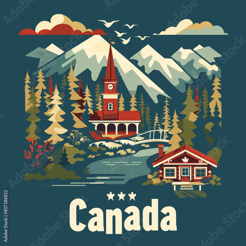 A blue and green poster of Canada with a house and a church. The mountains are in the background