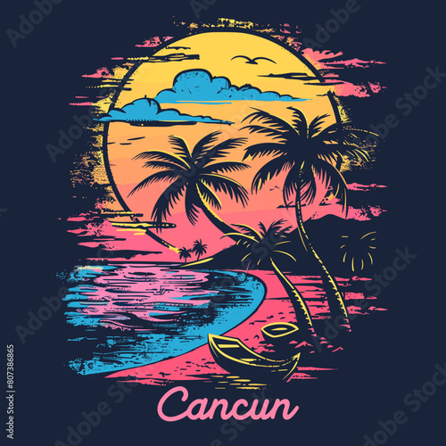 A colorful painting of a beach with palm trees and a sunset. The word Cancun is written in white on the bottom right