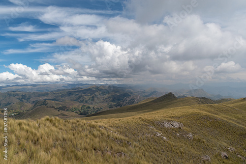  a mountain range with yellow grass, distant mountains and forests with cloudy sky in the background