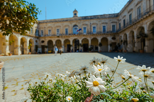 Interior courtyard view of pallazo de celestini in old town of Lecce. Flowers in the foreground of beauriful italian style palace
