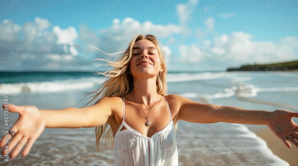 Beautiful blonde woman on vacation on a paradise beach on a sunny summer day in high resolution and high quality. travel concept Beautiful blonde woman on vacation on a paradise beach on a sunny summer day in high resolution and high quality. travel concept