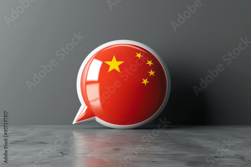 3d illustration of a shiny speech bubble icon with the flag of china, symbolizing chinese language learning and communication photo