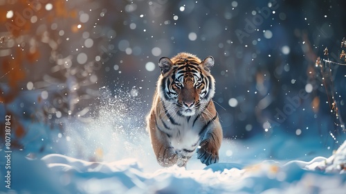Tiger in wild winter nature, running in the snow. Siberian tiger, Panthera tigris altaica. Action wildlife scene with dangerous animal. Cold winter in taiga, Russia. Snowflakes with wild cat. photo